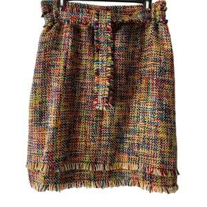 Oscar De La Renta multicolor tie waist fringe tweed skirt